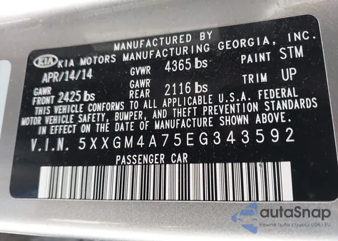 2014 Kia Optima Lx from USA, damaged, VIN 5XXGM4A75EG343592